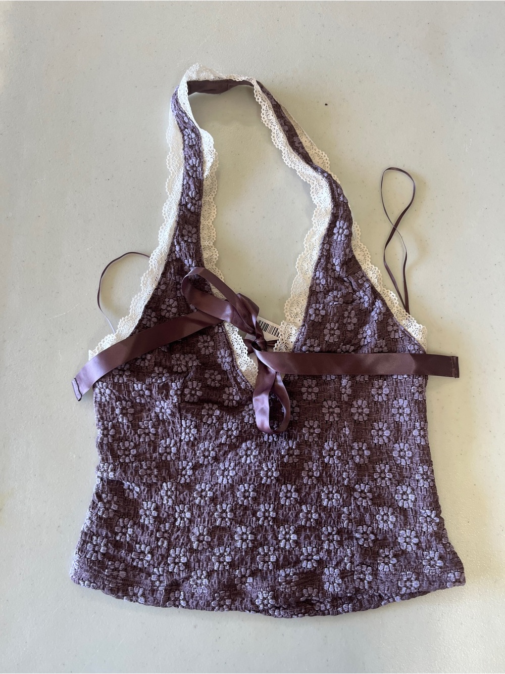 Ecote Satin-Look Lace Trim Halter Top in Plum